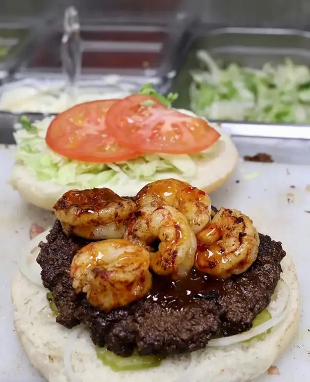 Papa Burger topped with Shrimp